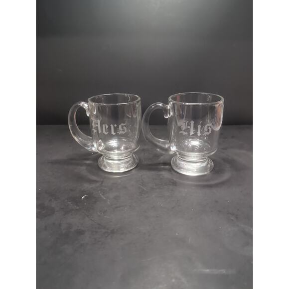 Etched Glass Coffee Mugs, His & Hers Pedestal Cups, Set of 2, Couples Coffee Set - Picture 1 of 9